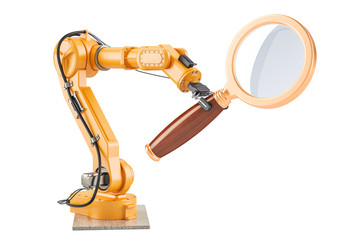 Robotic arm with magnifying glass, 3D rendering