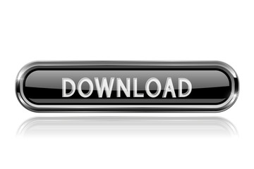 Black Download button. Oval glass 3d icon with metal frame
