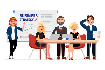 Set of business people cartoon characters. Colleagues at the meeting, business woman pointing at the white board with the business strategy charts. Collaborators concept vector flat illustration.