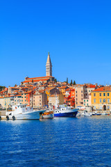 Beautiful and cozy medieval town of Rovinj, colorful with houses and church the harbor