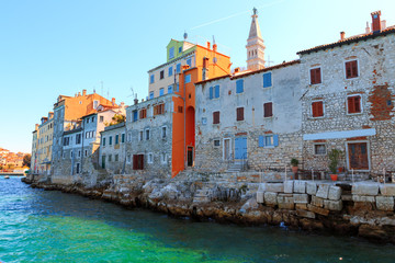 Beautiful and cozy medieval town of Rovinj, colorful with houses and church