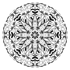 Vector floral round in the vintage style. Black and white nature ornament.