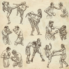 Fototapeta na wymiar Box. Boxing Sport. Collection of boxing positions of some sportmen. An hand drawn set.