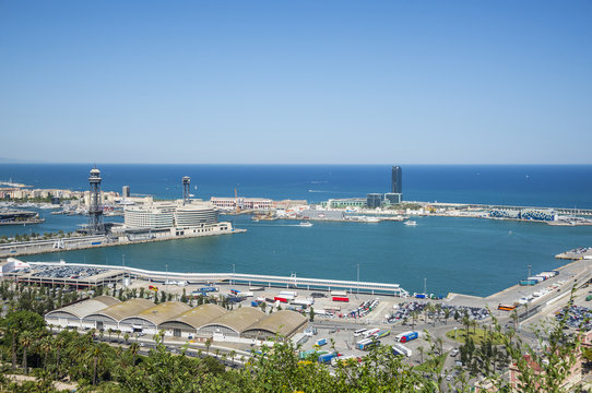Panoramic view on the port of  Barcelona city
