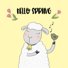 Cute cartoon sheep and chirping bird. Vector illustration.

