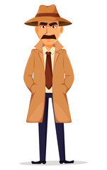 Detective in hat and coat. Handsome character
