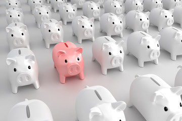 Pink pig-piggy bank stands out against the background of other white piggy banks. 3d illustration