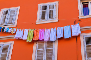 Beautiful and cozy medieval town of Rovinj, colorful with houses and church