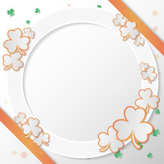 St. Patrick’s Day banner. Composition with orange clover, strips and white circle with copy space in paper art style. Vector illustration.