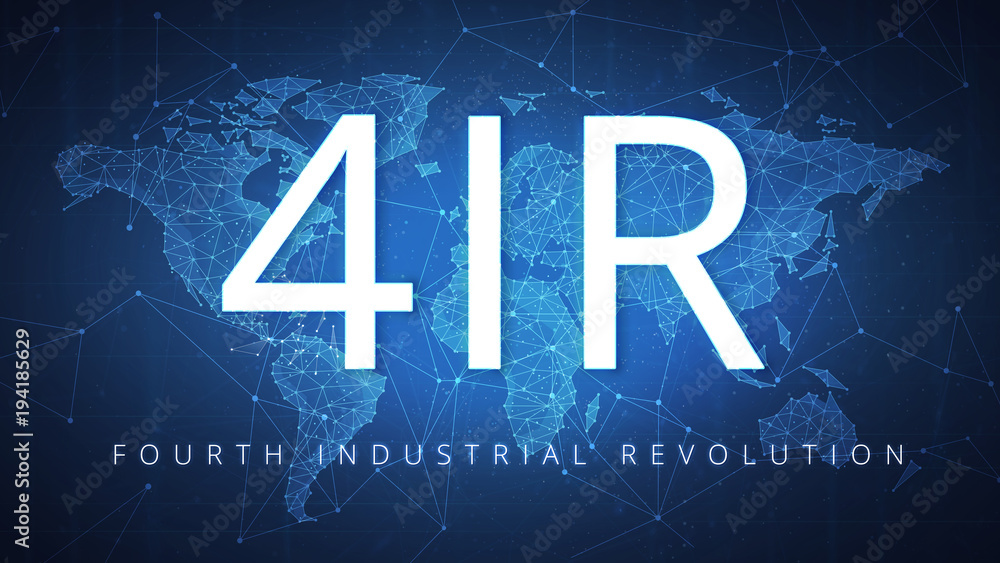 Poster 4ir on the background of polygon world map with blockchain technology peer to peer network. fourth i