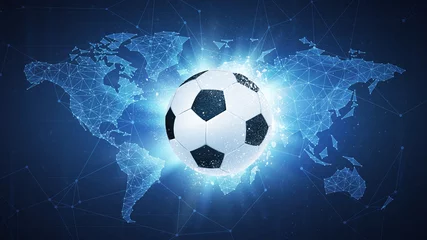 Papier Peint photo Lavable Sports de balle Soccer football ball flying in white particles on the background of blockchain technology network polygon world map. Sport competition concept for football tournament poster, placard, card or banner.
