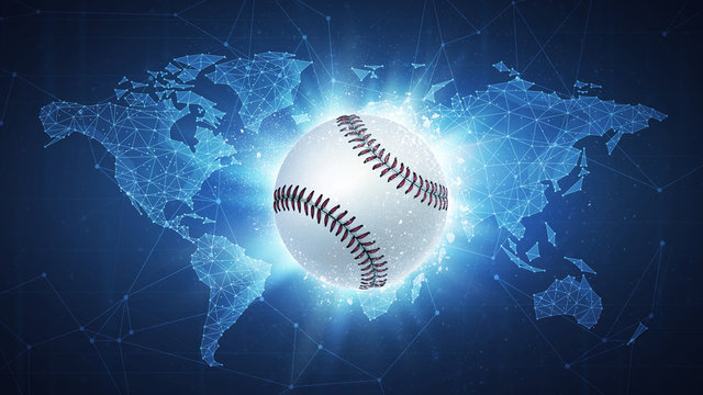Baseball Ball flying in white particles on the background of blockchain technology network polygon world map. Sport competition concept for baseball tournament poster, placard, card or banner.