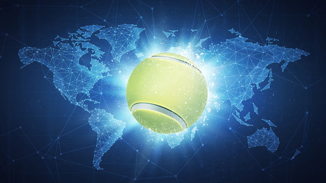 Tennis Ball flying in white particles on the background of blockchain technology network polygon world map. Sport competition concept for tennis tournament poster, placard, card or banner.