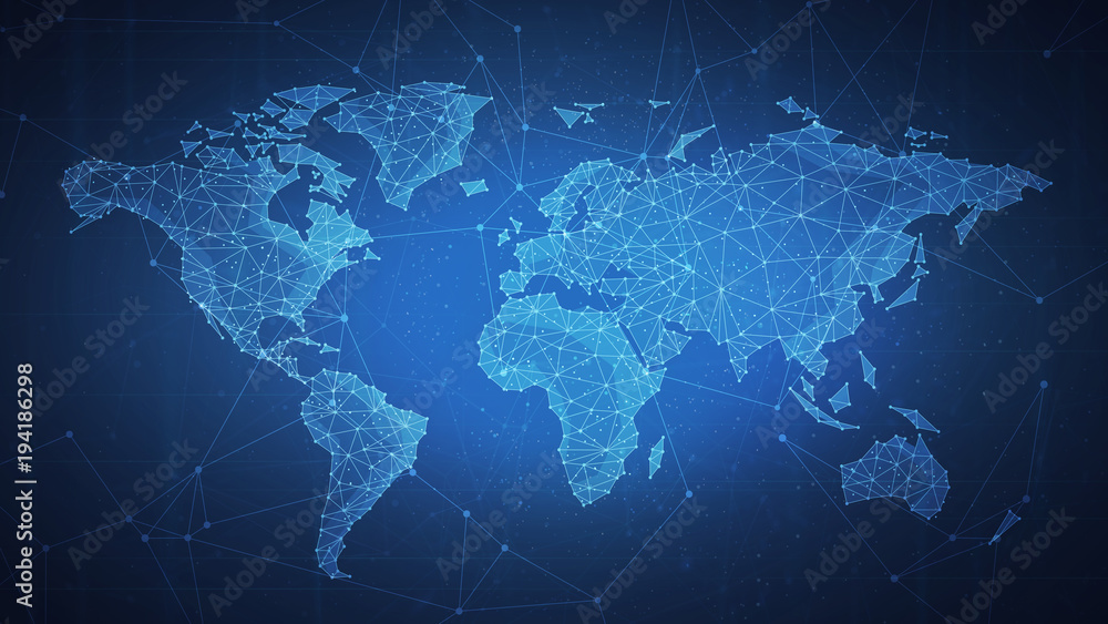 Poster polygon world map with blockchain technology peer to peer network on blue background. network, p2p b