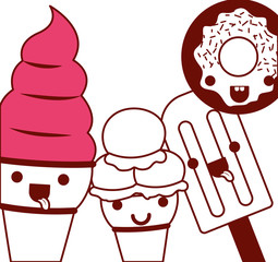 delicious ice cream group and donut kawaii characters vector illustration design