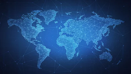Fotobehang Veelhoek wereldkaart met blockchain-technologie peer-to-peer netwerk op blauwe achtergrond. Netwerk, p2p-business, e-commerce, bitcoin-handel en wereldwijd cryptocurrency blockchain-bannerconcept. © Visual Generation