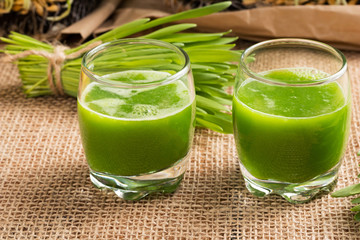 Two glasses of barley grass juice with freshly grown barley grass