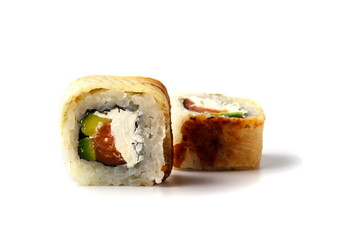 Unagi sushi roll close up view isolate on white