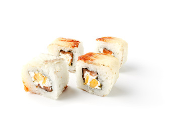 Close up japan unagi sushi roll isolate on whie