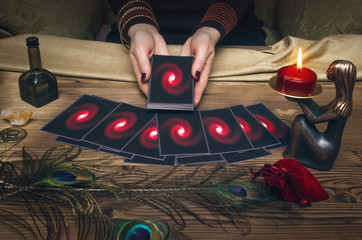 Tarot cards on fortune teller desk table. Future reading concept. Divination.