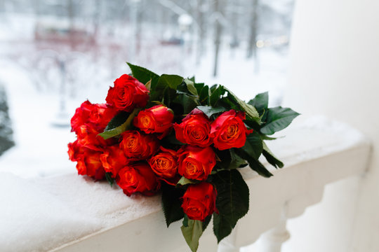 Bouquet of roses in the snow on a white railing. On the snow lay a bouquet of beautiful pink and white roses. The reference picture.
