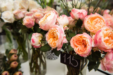 Pink peonies and eustoma close-up in flower shop