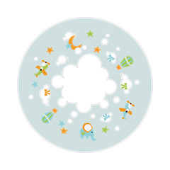 Its a Boy baby decoration around cloud - stars airplanes elephant balloon - text place