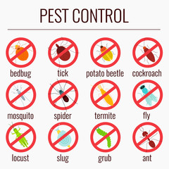 Pest control line icon set with insects. Insect repellent emblem. Prohibition beetle warning sign. Perfect for exterminator service companies. Vector illustration.