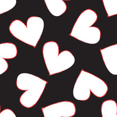 Abstract seamless heart pattern. Vector, minimalist white hearts on black background