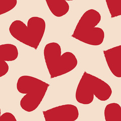 Abstract seamless heart pattern. Vector, minimalist red hearts on beige background. Hearts drawn with red lipstick on skin