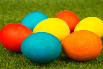 Fototapeta na wymiar Easter eggs on green grass.