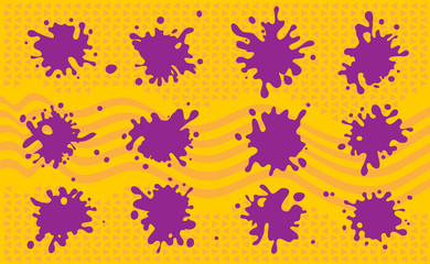 Purple, ultraviolet chaotic set of ink blots. Vector illustration on the orange geometric background.
