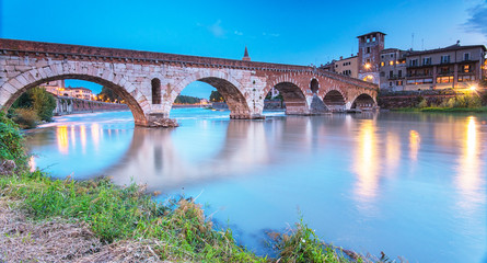 Naklejka premium The famous roman Ponte Pietro bridge in Verona, Italy