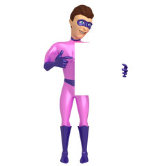 3d character in a superhero costume on a white background, looking at a tablet on which there should be something written. 3d illustration