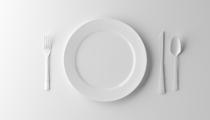 Empty plate, fork and knife isolated on white background. 3d illustration