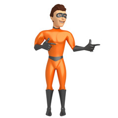 3d character in a superhero costume on a white background, pointing his hands at something. 3d illustration