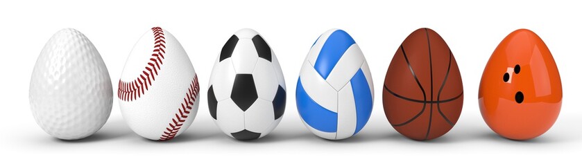 diffferent sport balls as easter egg. easter concept with sport theme. 3d illustration.