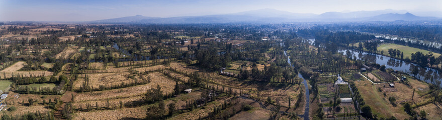 Xochimilco, famous wetlands from Mexico City, Aerial view,