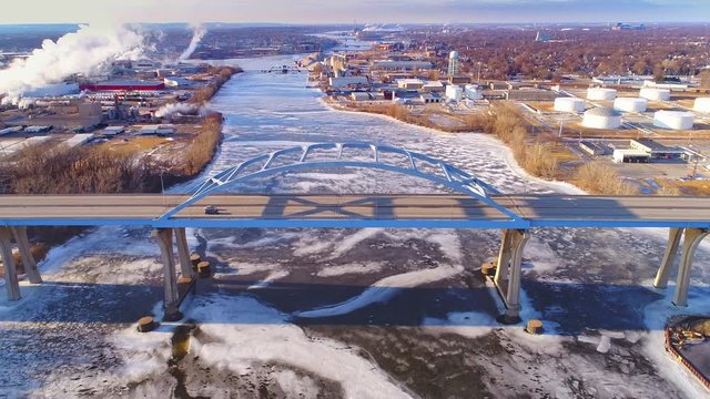 Scenic Leo Frigo Memorial Bridge, Green Bay, Wisconsin, Winter aerial view.

