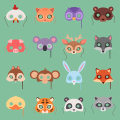 Animals vector carnival kids mask set festival decoration masquerade. Party costume cute cartoon animals face head carnival mask. Festival head decoration celebration animals masquerade isolated