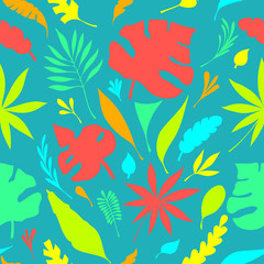 Fototapeta na wymiar Flat Seamless pattern from hand draw silhouette of tropic leaves colorful on blue for creative design package of cosmetic or perfume or for design of botanical theme