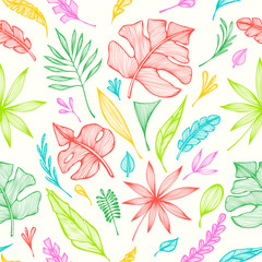 Seamless pattern from hand  draw structure of  tropic leaves colorful on white in line art for creative design package of  cosmetic or  perfume or for design of  botanical theme