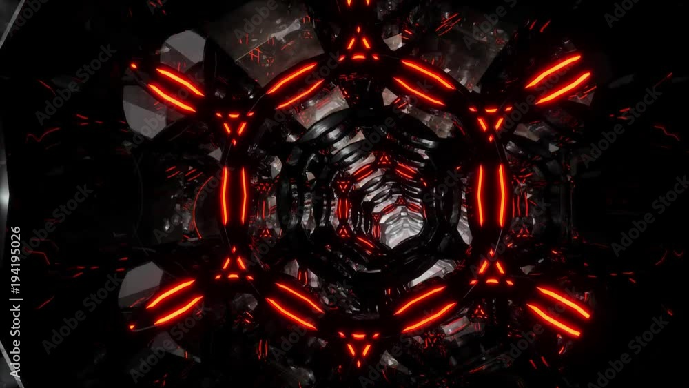 Poster abstract futuristic dark tunnel in techno cyber space tunnel endlessly looped animation. 3d glass an