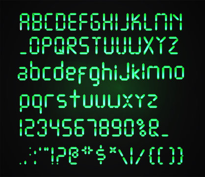 Digital green font Isolated on a dark background. Glowing realistic Digital alphabet. Alarm clock letters. Numbers and letters set for a digital watch and other electronic devices. Vector alphabet.