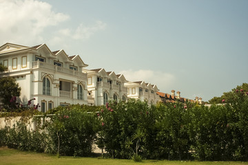 House among green bushes on the beach