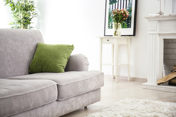 Living room interior with grey couch and soft pillow