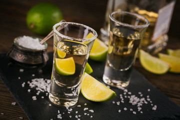 Tequila shot with lime and sea salt