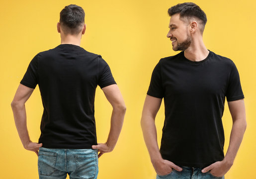 Download Front And Back Views Of Man In Blank Stylish T Shirt On Yellow Background Mockup For Design Buy This Stock Photo And Explore Similar Images At Adobe Stock Adobe Stock PSD Mockup Templates