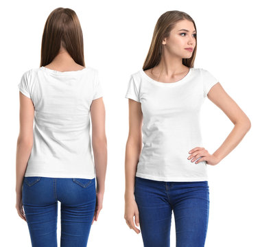 Front and back views of young woman in stylish t-shirt on white background. Mockup for design