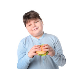 Overweight boy with burger on white background